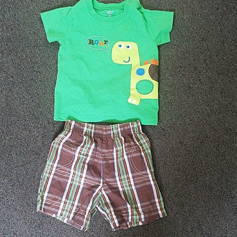 Cute dinosaur shirt and plaid shorts